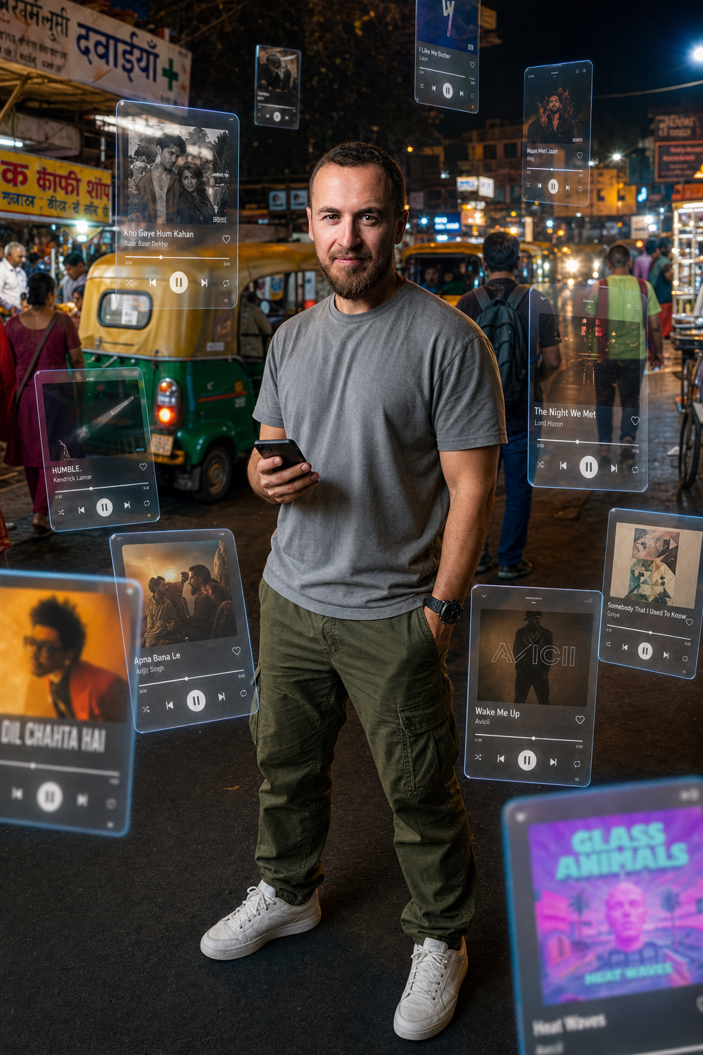A Hyper-Realistic, Cinematic 8K Image Of A Person Standing In A Bustling In — example output