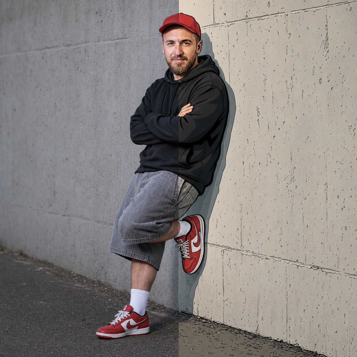 64K Dslr Ultra-Sharp Split-Reality Street Art Portrait Using The Uploaded Image  — example output